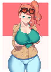 Rule 34 | 1girl, aqua eyes, aqua shirt, aster crowley, beige background, blue pants, blush, border, breasts, brown coat, cameltoe, cleavage, cleft of venus, coat, covered erect nipples, cowboy shot, creatures (company), eyewear on head, fat mons, game freak, glasses on head, hair ornament, heart, heart hair ornament, highres, huge breasts, lips, long hair, long sleeves, looking at viewer, motion lines, nail polish, naughty face, nintendo, orange hair, outside border, pants, pink background, pink lips, pokemon, pokemon swsh, puffy nipples, shiny skin, shirt, side ponytail, smile, solo, sonia (pokemon), sunglasses, swept bangs, thick thighs, thighs, trench coat, two-tone background, white border, wide hips