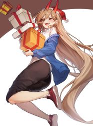 Rule 34 | 1girl, absurdres, black pants, blonde hair, blue jacket, blush, box, chainsaw man, christmas, cross-shaped pupils, gift, gift box, hair between eyes, hat, highres, holding, holding gift, horns, jacket, long hair, long sleeves, open mouth, pants, pepperdevil, power (chainsaw man), red eyes, red footwear, red horns, santa hat, sharp teeth, shirt, simple background, solo, stack, symbol-shaped pupils, teeth, two-tone background, very long hair, white shirt