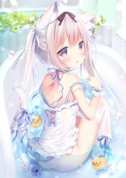 Rule 34 | 1girl, animal ear fluff, animal ears, ass, bare shoulders, bathtub, black bow, blue flower, blue ribbon, blush, bow, cat ears, cat girl, cat tail, chestnut mouth, commentary request, dress, flower, grey hair, hair between eyes, hair bow, indoors, long hair, original, panties, red eyes, ribbon, rubber duck, see-through, shibainu niki, sidelocks, sitting, sleeveless, sleeveless dress, solo, strap slip, tail, tail ornament, tail raised, tail ribbon, thighhighs, twintails, underwear, very long hair, water, wet, wet clothes, wet dress, wet panties, white background, white dress, white panties, white thighhighs, wrist cuffs
