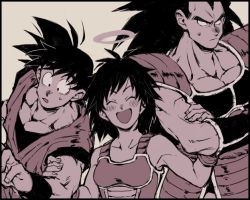 Rule 34 | 1girl, 2boys, :d, ^ ^, armor, bad id, bad twitter id, bare arms, bare shoulders, black border, black hair, border, breasts, brothers, closed eyes, dougi, dragon ball, dragon ball super, dragon ball super broly, dragonball z, closed eyes, fingernails, frown, gine, halo, happy, height difference, komebeimai, locked arms, long hair, looking away, medium breasts, monochrome, mother and son, multiple boys, muscular, nervous, open mouth, raditz, short hair, siblings, simple background, smile, son goku, spiked hair, surprised, sweatdrop, upper body, wide-eyed, wristband