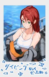 Rule 34 | animal, blurry, blurry foreground, breasts, cleavage, closed mouth, collarbone, dripping, fish, gochiwa, green eyes, hair between eyes, long hair, original, red hair, scuba, scuba gear, scuba tank, silhouette, smile, solo, upper body, water, wet, zipper
