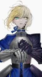 Rule 34 | 1girl, ahoge, armor, armored dress, artoria pendragon (all), artoria pendragon (fate), black armor, black dress, blonde hair, blue dress, corruption, dark persona, dress, excalibur (fate/stay night), excalibur morgan (fate), fate/stay night, fate (series), gauntlets, green eyes, hair between eyes, hair bun, hands on hilt, highres, looking at viewer, nipi27, parted lips, saber (fate), saber alter, short hair, solo, sword, veins, weapon, white background, yellow eyes