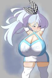 Rule 34 | 1girl, arms behind head, arms up, bad link, blush, breasts, cleavage, clenched teeth, dress, english text, gigantic breasts, highres, huge breasts, long hair, open clothes, solo, standing, teeth, thick thighs, thighs, vammzu, white hair