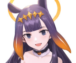 Rule 34 | 1girl, black collar, blue eyes, blunt bangs, center-flap bangs, collar, collarbone, commentary, fur-trimmed collar, fur trim, gradient hair, halo, highres, hololive, hololive english, light blush, long hair, looking at viewer, multicolored hair, ninomae ina&#039;nis, open mouth, orange hair, portrait, purple hair, sidelocks, simple background, smile, solo, tentacle hair, two-tone hair, virtual youtuber, white background, yamiiv
