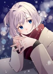 Rule 34 | 1girl, blue eyes, coat, grey coat, highres, kantai collection, looking at viewer, official alternate costume, one-hour drawing challenge, own hands clasped, own hands together, pink hair, ponytail, red scarf, scarf, shiranui (kancolle), short hair, smile, snow, solo, u yuz xx