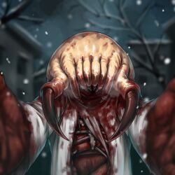 Rule 34 | 1other, blood, blood on clothes, blood on hands, blood splatter, blurry, blurry background, building, claws, coat, commentary request, fangs, guro, half-life (series), headcrab, highres, hold111, liver, lungs, night, organs, outdoors, pov, ribs, snowing, torn clothes, upper body, white coat, winter, zombie