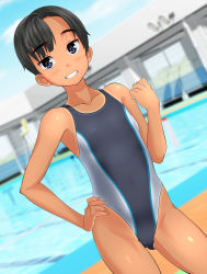Rule 34 | 1girl, absurdres, androgynous, black eyes, black hair, blue one-piece swimsuit, blue sky, child, cloud, collarbone, competition swimsuit, contrapposto, day, dutch angle, flat chest, gluteal fold, grey one-piece swimsuit, grin, highres, looking at viewer, one-piece swimsuit, original, outdoors, pool, short hair, sky, smile, solo, standing, swimsuit, takafumi, tan