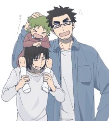 Rule 34 | &gt; &lt;, 1girl, 2boys, :d, ^ ^, black hair, blue shirt, carrying, closed eyes, collared shirt, dress, facial hair, father and daughter, full body, glasses, green hair, hand on another&#039;s head, hand up, hands on another&#039;s head, hands up, highres, jumbo, koiwai yotsuba, long sleeves, marutei2, mr. koiwai, multiple boys, open clothes, open mouth, open shirt, quad tails, red dress, shirt, shoulder carry, simple background, smile, socks, stubble, translation request, upper body, white background, white shirt, white socks, xd, yotsubato!
