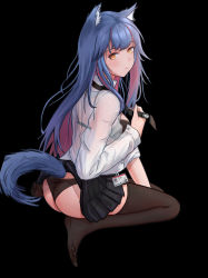 Rule 34 | 1girl, absurdres, alternate costume, animal ear fluff, animal ears, arknights, ass, black background, black necktie, black skirt, black thighhighs, blue hair, blush, breasts, brown eyes, chinese commentary, commentary request, from behind, highres, id card, laozhanshi, long hair, long sleeves, looking at viewer, looking back, medium breasts, miniskirt, necktie, no shoes, pleated skirt, red hair, see-through, seiza, shirt, sidelocks, simple background, sitting, skirt, solo, tail, texas (arknights), thighhighs, thighs, white shirt, wolf ears, wolf tail