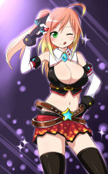 Rule 34 | 1girl, :q, ;d, ;q, ahoge, bare shoulders, belt, black thighhighs, blonde hair, blush, breasts, cleavage, cleavage cutout, clothing cutout, crop top, elbow gloves, fingerless gloves, gloves, green eyes, hand on own hip, heart, highres, hip focus, large breasts, long hair, midriff, miniskirt, multicolored hair, navel, one eye closed, open mouth, original, pink hair, ponytail, skirt, smile, solo, sparkle, star (symbol), thighhighs, thighs, tongue, tongue out, two-tone hair, wink, zaxwu, zettai ryouiki