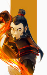 Rule 34 | 1boy, age regression, aged down, armor, avatar: the last airbender, avatar legends, beard, black hair, botanicaxu, commentary, english commentary, facial hair, fire, highres, iroh, male focus, multiple drawing challenge, simple background, six fanarts challenge, solo, upper body
