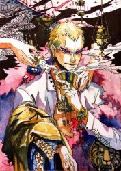 Rule 34 | 1boy, blonde hair, bottle, bracelet, chalice, coat, cup, disembodied hand, donquixote doflamingo, earrings, english text, feather coat, holding, jewelry, male focus, multiple rings, one piece, painting (medium), perfume bottle, pink coat, ring, serain, shirt, short hair, smoke, star (symbol), sunglasses, traditional media, upper body, watercolor (medium), white shirt
