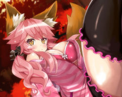 Rule 34 | 10s, 1girl, animal ears, autumn, autumn leaves, blush, bra, breasts, cleavage, denden taiko, fate/extra, fate (series), fox ears, fox tail, large breasts, official alternate costume, open clothes, open shirt, pink bra, pink hair, shirt, solo, tail, tamamo no mae (fate/extra), tamamo no mae (spring casual) (fate), thighs, underwear, yellow eyes