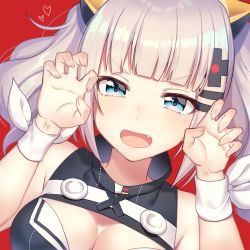 Rule 34 | &gt;:d, 1girl, :d, bad id, bad twitter id, bare shoulders, blue eyes, blunt bangs, breasts, claw pose, cleavage, cleavage cutout, clothing cutout, commentary request, fang, hair ornament, hands up, heart, highres, ichiren namiro, kaguya luna, light purple hair, open mouth, red background, simple background, smile, solo, the moon studio, twintails, upper body, v-shaped eyebrows, virtual youtuber, wrist cuffs