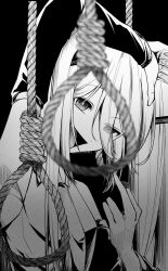 Rule 34 | 1girl, arm up, armpits, blurry, blurry foreground, breasts, bright pupils, commentary request, detached sleeves, greyscale, hair over one eye, half-closed eyes, hatsune miku, highres, kotoko0, looking at viewer, looking to the side, middle finger, monochrome, necktie, noose, open mouth, raised eyebrow, shinitagari (vocaloid), shirt, simple background, sleeveless, sleeveless shirt, small breasts, smile, solo, thumbs down, uneven eyes, upper body, vocaloid