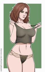 Rule 34 | bad source, blackcapbandit, breasts, brown hair, cleavage, elden ring, from software, green eyes, highres, melina (elden ring), namco, pinup (style), self-upload, solo, tattoo, teasing, thighs, underwear