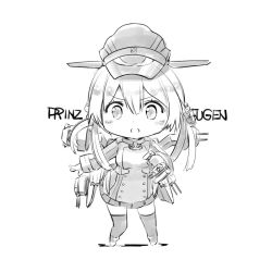 Rule 34 | 10s, 1girl, anchor choker, anchor hair ornament, bad id, bad twitter id, buttons, cannon, character name, chibi, full body, greyscale, hair between eyes, hair ornament, hat, kantai collection, long hair, long sleeves, looking at viewer, low twintails, military, military uniform, monochrome, open mouth, outstretched arm, peaked cap, pemu, pomon illust, prinz eugen (kancolle), short twintails, simple background, solo, standing, thighhighs, torpedo, turret, twintails, uniform, white background, zettai ryouiki