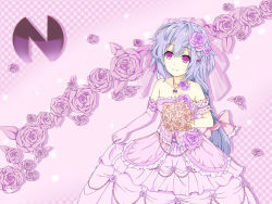 Rule 34 | 10s, 1girl, bouquet, braid, bride, dress, elbow gloves, flower, gloves, long hair, neptune (series), purple eyes, purple hair, pururut, smile, solo, wedding dress, yuzupie123