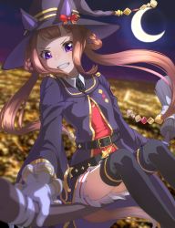 Rule 34 | 1girl, absurdres, belt, black thighhighs, blurry, blurry background, blurry foreground, braid, broom, broom riding, brown hair, commentary, crescent moon, depth of field, gloves, grin, hat, hat with ears, highres, horse tail, long hair, looking at viewer, braided hair rings, moon, night, outdoors, pleated skirt, purple eyes, purple robe, robe, shirt, skirt, smile, solo, sweep tosho (umamusume), tail, thighhighs, thin (suzuneya), twintails, umamusume, white gloves, white shirt, witch hat