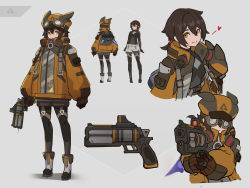 Rule 34 | 1girl, aiming, arms at sides, bodysuit, bodysuit under clothes, brown hair, character sheet, commentary, english commentary, goggles, goggles on headwear, grey background, gun, handgun, hat, heart, highres, jacket, jetpack, jiang1274, looking at viewer, orange eyes, original, see-through, shorts, spoken heart, weapon, zipper pull tab
