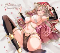 Rule 34 | 1girl, alternate costume, anklet, arm up, armpits, ayaginu temari, bangle, bare shoulders, belly chain, bikini, black bikini, bracelet, breasts, bridal gauntlets, brown hair, cleavage, colored inner hair, commission, dancer, gold footwear, gold trim, high heels, highres, isekai tensei shite v ni narimashita, jewelry, kirika (nutsmoon), large breasts, leg up, long hair, looking at viewer, lying, mismatched bikini, mole, mole under eye, multicolored hair, navel, on back, open mouth, pelvic curtain, pink eyes, pink hair, revealing clothes, ribbed bikini, second-party source, skeb commission, smile, solo, stomach, string bikini, swimsuit, thighlet, thighs, two-tone hair, veil, virtual youtuber, white bikini