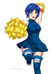 Rule 34 | 00s, 1girl, arm up, armband, armpits, blue dress, blue eyes, blue footwear, blue hair, blush, boots, breasts, cheerleader, ciel (tsukihime), dress, highres, matching hair/eyes, oceanbellereine, open mouth, pom pom (cheerleading), powered ciel, short dress, short hair, simple background, solo, thigh boots, thighhighs, tsukihime, zettai ryouiki
