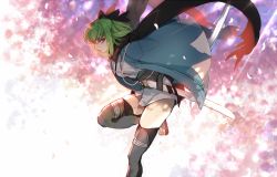 Rule 34 | 1girl, black footwear, black scarf, blurry, blurry background, boots, breasts, c.c., cherry blossoms, closed mouth, code geass, cosplay, creayus, fate (series), from side, green hair, holding, holding sword, holding weapon, japanese clothes, katana, kimono, koha-ace, leaning forward, leg up, light rays, looking at viewer, looking to the side, medium breasts, okita souji (fate), okita souji (koha-ace) (cosplay), okita souji (koha-ace), petals, profile, sandals, sash, scarf, serious, sheath, shinsengumi, short hair, short kimono, solo, standing, standing on one leg, sunbeam, sunlight, sword, thigh boots, thighhighs, toeless footwear, unsheathed, weapon, white kimono, yellow eyes