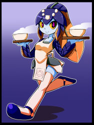 Rule 34 | 1girl, apron, blue skin, bowl, colored sclera, colored skin, female focus, highres, mary janes, minette (skullgirls), monster girl, pink eyes, shell, shoes, skullgirls, smile, solo, steam, thighhighs, waitress, yellow sclera
