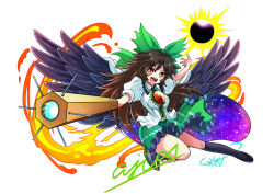 Rule 34 | 1girl, aji082, asymmetrical footwear, bird wings, black hole, black legwear, black wings, bow, brown hair, cape, eclipse, explosion, feathered wings, fire, green bow, green skirt, long hair, merchandise, mismatched footwear, lava, navel, night, night sky, open mouth, orange eyes, prosthesis, prosthetic arm, puffy short sleeves, puffy sleeves, red eyes, reiuji utsuho, shirt, short sleeves, skirt, sky, slit pupils, smile, solo, star (sky), starry sky, sun, third eye, touhou, very long hair, white background, white shirt, wings