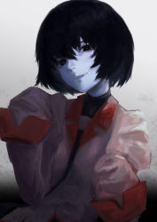 Rule 34 | . (kometto333), 1girl, :|, absurdres, black background, black eyes, black hair, black necktie, black undershirt, bob cut, closed mouth, colored skin, commentary, glowing, glowing eyes, gradient background, hair between eyes, hand up, head tilt, highres, looking at viewer, monogatari (series), naoetsu high school uniform, necktie, oshino ougi, pale skin, parted lips, pink shirt, puffy sleeves, red pupils, school uniform, shirt, short hair, sleeves past fingers, sleeves past wrists, solo, turtleneck, upper body, white background, white skin