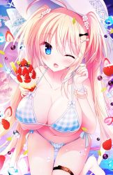 Rule 34 | 1girl, bent over, bikini, blonde hair, blue eyes, bracelet, breasts, cleavage, food, fruit, fruit cup, happy, hat, highres, jewelry, large breasts, leaning forward, legs together, looking at viewer, navel, one eye closed, open mouth, original, outdoors, parfait, plaid, plaid bikini, shiromochi sakura, skin tight, skindentation, solo, strawberry, sun hat, swimsuit, thigh gap, thigh strap