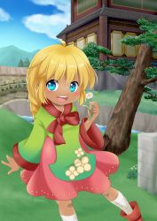 Rule 34 | 1girl, architecture, bandaged leg, bandages, blonde hair, blue eyes, blue sky, blush, braid, braided ponytail, bridge, child, cloud, commentary request, dark-skinned female, dark skin, day, east asian architecture, feet out of frame, flower, green hanbok, hanbok, highres, holding, holding flower, korean clothes, kotomi (happy colors), long hair, long sleeves, looking at viewer, mountain, open mouth, outdoors, pink skirt, ragnarok online, river, round teeth, sarah irene, skirt, sky, smile, solo, teeth, tree, white flower, wide sleeves