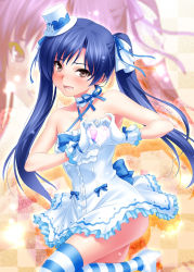 Rule 34 | 1girl, :d, bare shoulders, blue hair, blue thighhighs, blush, brown eyes, choker, cowboy shot, criss-cross halter, dress, gloves, halterneck, hand gesture, hat, heart, heart hands, highres, idolmaster, idolmaster (classic), kisaragi chihaya, leg up, legs, looking at viewer, mini hat, mini top hat, open mouth, smile, solo, standing, standing on one leg, striped clothes, striped thighhighs, teeth, thighhighs, top hat, twintails, white gloves, white thighhighs, zen, zoom layer