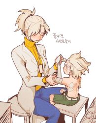 Rule 34 | 1boy, 1girl, aged down, arm wrap, bad id, bad twitter id, bandages, belt, blonde hair, blue pants, blush, eyebrows, hair ornament, hair tie, junkrat (overwatch), lab coat, long sleeves, mercy (overwatch), overwatch, overwatch 1, pants, ponytail, ribbed sweater, shorts, sitting, spiked hair, sweater, turtleneck, yellow sweater