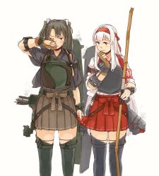 Rule 34 | 2girls, armband, arrow (projectile), blush, boots, bow, bow (weapon), brown gloves, brown hakama, closed mouth, flight deck, gloves, green hair, hair ribbon, hakama, hakama short skirt, hakama skirt, headband, holding, holding bow (weapon), holding weapon, japanese clothes, kantai collection, long hair, multiple girls, muneate, one eye closed, partially fingerless gloves, partly fingerless gloves, quiver, red hakama, ribbon, rigging, rubbing eyes, shoukaku (kancolle), simple background, single glove, skirt, smoke, tasuki, thigh boots, thighhighs, twintails, weapon, weidashming, white background, white hair, aged down, yugake, zuikaku (kancolle), zuikaku kai ni (kancolle)