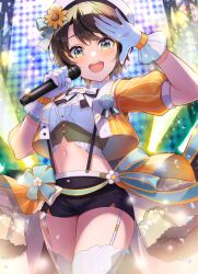 Rule 34 | 1girl, :d, beret, black hair, crop top, cropped jacket, garter straps, gloves, hat, highres, hololive, idol, microphone, midriff, navel, omoti (1201208), oozora subaru, oozora subaru (starlight), oozora subaru (starlight), open mouth, short hair, shorts, smile, solo, thighhighs, virtual youtuber, white gloves, white thighhighs