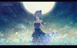 Rule 34 | 1girl, arm behind back, armband, bare shoulders, belt, blue hair, commentary request, dress, english text, field, flower, flower field, girls&#039; frontline, hair ornament, hand up, highres, holding, holding flower, mid-autumn festival, moon, night, night sky, one eye covered, purple eyes, short hair, sky, smile, solo, star (sky), starry sky, swept bangs, wind, wind lift, zas m21 (girls&#039; frontline), zzz (orchid-dale)