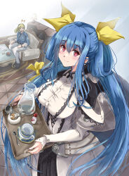 Rule 34 | 1boy, 1girl, anniversary, belt, blue hair, breasts, buttons, casual, closed mouth, commentary, cup, detached sleeves, dizzy (guilty gear), dress, english commentary, frilled dress, frills, guilty gear, guilty gear xrd, hair between eyes, hair rings, highres, holding, holding tray, husband and wife, indoors, ky kiske, large breasts, long hair, long sleeves, looking at viewer, maid, mature female, mini wings, monster girl, mother&#039;s day, nt50, off-shoulder dress, off shoulder, open mouth, red eyes, ribbon, sidelocks, sitting, smile, spoon, sugar cube, table, tail, tail ornament, tail ribbon, teacup, tray, twintails, water, wings, yellow ribbon