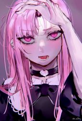 Rule 34 | 1girl, absurdres, bad id, bad twitter id, black bow, black choker, blush, bow, choker, disgust, ear piercing, gothic lolita, hair behind ear, hand on own forehead, heart, heart choker, highres, hololive, hololive english, lolita fashion, lower teeth only, mile (off8mile), mori calliope, open mouth, piercing, pink eyes, pink hair, portrait, solo, teeth, tongue piercing, virtual youtuber