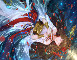 Rule 34 | 1girl, absurdres, braid, brown hair, dungeon and fighter, closed eyes, facing viewer, female priest (dungeon and fighter), flower, hair flower, hair ornament, hair stick, hands up, highres, initial, jb (luna9953), long hair, lying, on back, petals, shaman, shaman (dungeon and fighter), solo