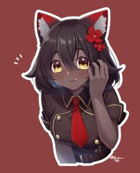 Rule 34 | 1girl, :q, animal ear fluff, animal ears, belt, black hair, blush, brown background, brown belt, commentary, cropped torso, dark-skinned female, dark skin, flower, food, hair flower, hair ornament, hand in own hair, hand up, highres, indie virtual youtuber, leaning forward, looking at viewer, mouth hold, necktie, notice lines, original, outline, pocky day, red flower, red necktie, sakura chiyo (konachi000), sakuraba chiyo, short hair, short sleeves, signature, simple background, solo, sweatdrop, tongue, tongue out, translated, upper body, very dark skin, virtual youtuber, white outline, wing collar, yellow eyes