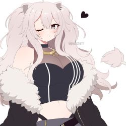 Rule 34 | 1girl, animal ears, black jacket, breasts, cleavage, crop top, fur trim, grey eyes, grey hair, grey skirt, halterneck, heart, hololive, jacket, large breasts, lion ears, lion girl, lion tail, long hair, looking to the side, navel, plushcharm, see-through, see-through cleavage, shishiro botan, shishiro botan (1st costume), skirt, smile, solo, tail, virtual youtuber, white background