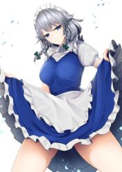 Rule 34 | 1girl, apron, blue dress, blue eyes, bow, braid, breasts, clothes lift, commentary request, cowboy shot, dress, dress lift, frilled apron, frills, green bow, hair bow, head tilt, highres, izayoi sakuya, large breasts, lifted by self, looking at viewer, maid apron, maid headdress, petticoat, puffy short sleeves, puffy sleeves, short hair, short sleeves, silver hair, simple background, sinkai, smile, solo, standing, thighs, touhou, twin braids, waist apron, white apron, white background, wing collar