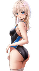 Rule 34 | 1girl, ass, black one-piece swimsuit, blonde hair, blue eyes, breasts, commentary request, competition swimsuit, from behind, highres, long hair, looking at viewer, looking back, medium breasts, one-piece swimsuit, original, simple background, solo, standing, swimsuit, thighhighs, two-tone swimsuit, white background, white thighhighs, yukemuriganmo