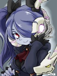 Rule 34 | ascot, blue hair, blue skin, colored skin, exposed bone, glowing, grey background, hair over one eye, hair ribbon, hand on own head, highres, jacket, leviathan (skullgirls), looking at viewer, mtk hoshi, red eyes, ribbon, side ponytail, skeletal arm, skullgirls, smile, squigly (skullgirls), stitched mouth, stitches, upper body, yellow eyes