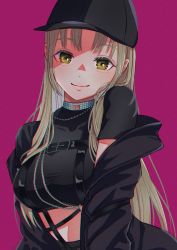 Rule 34 | 1girl, absurdres, bangs, baseball cap, belt, black belt, black headwear, black jacket, black shirt, breasts, closed mouth, commentary, crop top, hat, highres, itsuki isshiki, jacket, jacket partially removed, jewelry, light brown hair, long hair, long sleeves, looking at viewer, medium breasts, midriff, necklace, nijisanji, open clothes, open jacket, parted bangs, pink background, shirt, short sleeves, simple background, sister cleaire, smile, solo, upper body, virtual youtuber, yellow eyes