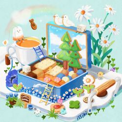Rule 34 | animal, artist name, bird, blue flower, box, checkerboard cookie, cloud, commentary request, cookie, cup, english text, flower, food, food focus, garden, heart, hose, issiki toaki, ladder, no humans, original, plant, potted plant, rainbow, scenery, sign, sugar cube, teabag, teacup, tray, tree, twitter username, white flower