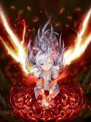 Rule 34 | 1girl, bamboo, bow, breasts, cleavage, feathers, female focus, fire, fujiwara no mokou, hair bow, highres, kneeling, long hair, no bra, one eye closed, open clothes, open shirt, red eyes, shiiku, shirt, silver hair, sleeves rolled up, small breasts, solo, touhou, wink