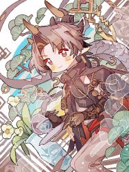 Rule 34 | 1boy, arknights, blue background, blush, brown gloves, brown hair, brown pants, chinese commentary, chong yue (arknights), commentary request, cup, dragon boy, dragon horns, dragon tail, dutch angle, earrings, feet out of frame, flower, flower-shaped pupils, gloves, green eyes, highres, holding, holding cup, holding saucer, horns, jewelry, male focus, pants, pixelated, pointy ears, red eyes, saucer, saucer (saucer752), short hair, simple background, sitting, solo, symbol-shaped pupils, tail, teacup, vase, white background, white flower