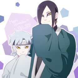 Rule 34 | 2boys, black hair, blue hair, colored skin, dated, earrings, father and son, forehead protector, hand to own mouth, happy birthday, jewelry, light blue hair, long hair, long sleeves, male focus, mitsuki (naruto), multiple boys, naruto, naruto (series), orochimaru (naruto), sleeves past wrists, smile, standing, tarou (0514251997), wavy hair, white skin, yellow eyes